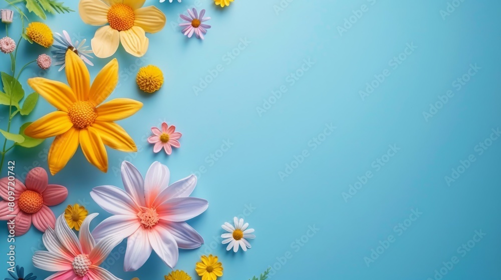 A vibrant and cheerful display of artificial flowers in a variety of colors and sizes artistically arranged on a vivid blue background. Perfect for spring and botanical themes and Father's Day.