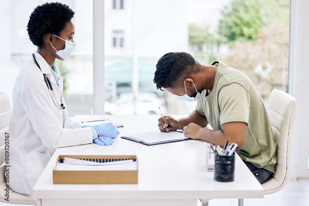 Doctor, patient and office with signing on contract or form and medical paperwork as procedure for research study. Black people, consultation and document as agreement or consent for support or trust Doctor, patient and office with signing on contract or form and medical paperwork as procedure for research study. Black people, consultation and document as agreement or consent for support or trust