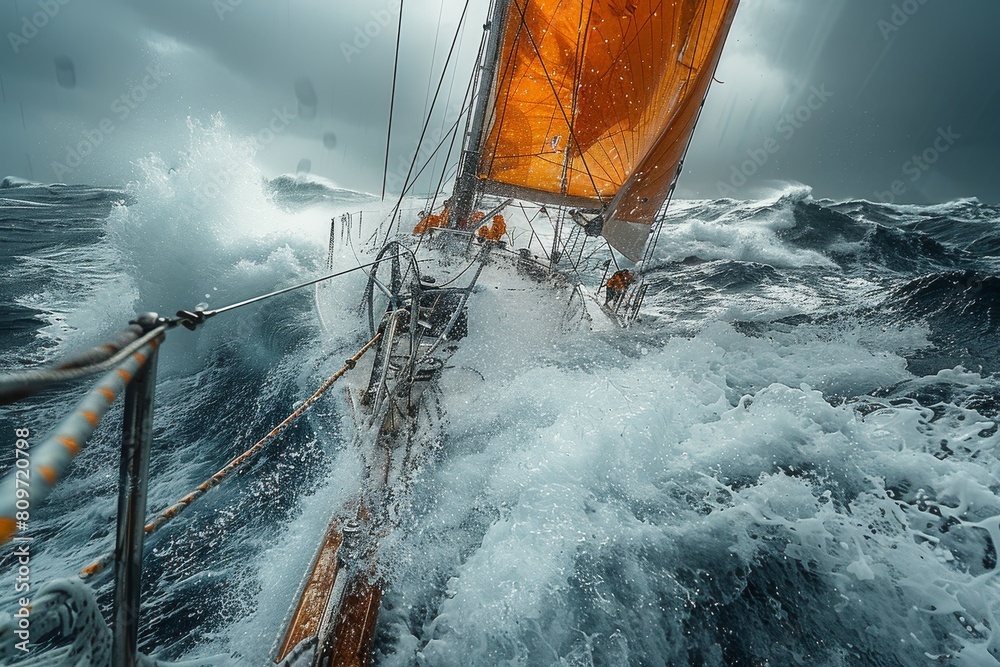 Obraz premium A vibrant orange sail contrasts against the tumultuous blue waves in this high sea storm scenario