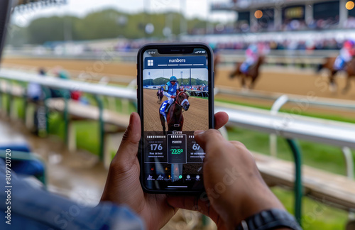 someone watching horse racing on their phone, in the background there is an crowded race track with horses running