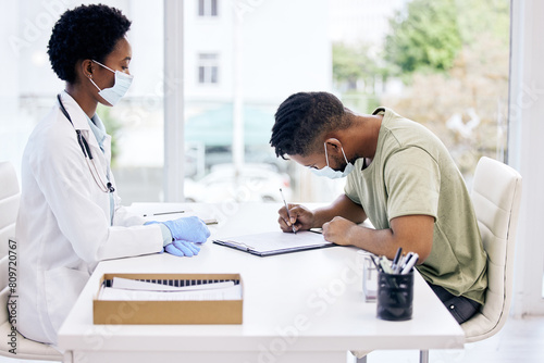 Doctor, patient and office with signing on contract or form and medical paperwork as procedure for research study. Black people, consultation and document as agreement or consent for support or trust