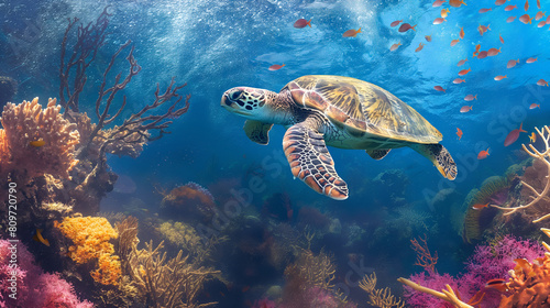 Sea turtle or marine turtle swimming in ocean with coral reefs