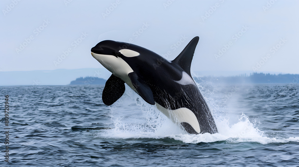 A magnificent killer whale jumping over the blue sea surface