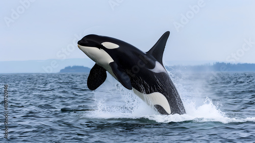 A magnificent killer whale jumping over the blue sea surface © ZayNyi