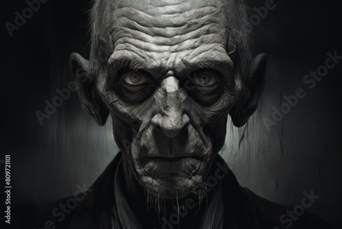 Close-up of a fictional elderly character showcasing deep wrinkles and intense eyes