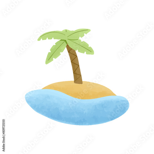 Watercolor vector illustration of a palm on the island in the sea.