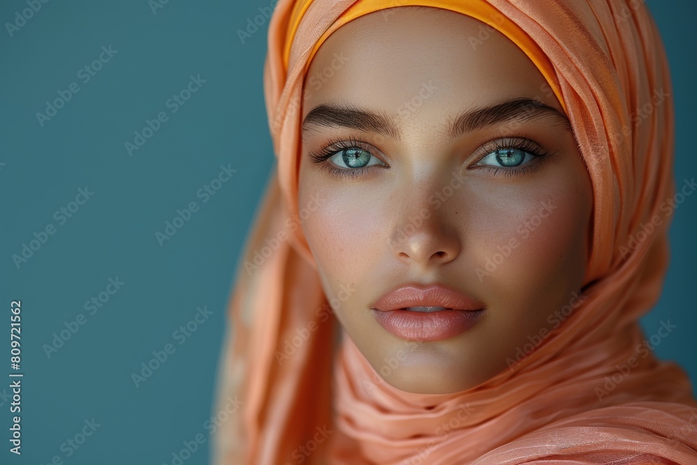 A woman's enigmatic gaze is the focal point, with blue eyes complementing her peach-colored hijab in this portrait A woman's enigmatic gaze is the focal point, with blue eyes complementing her peach-colored hijab in this portrait