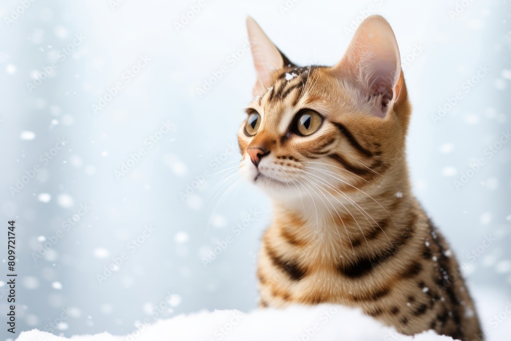 Studio portrait photography of a cute ocicat back-arching over snowy winter scene