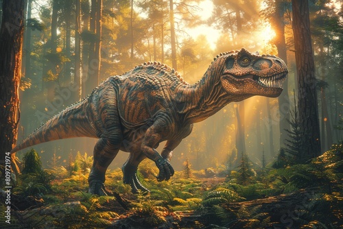 A meticulously detailed dinosaur roars powerfully in a fern-covered forest  capturing a moment from a time long gone