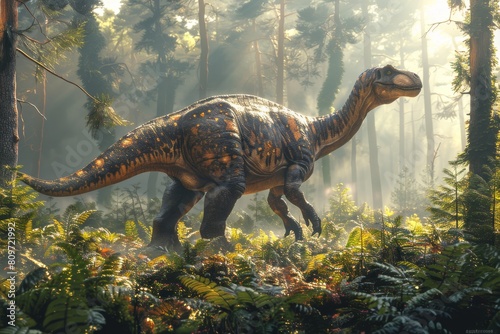 A gentle dinosaur grazes through a soft-lit forest  giving a glimpse into a tranquil moment in prehistoric times