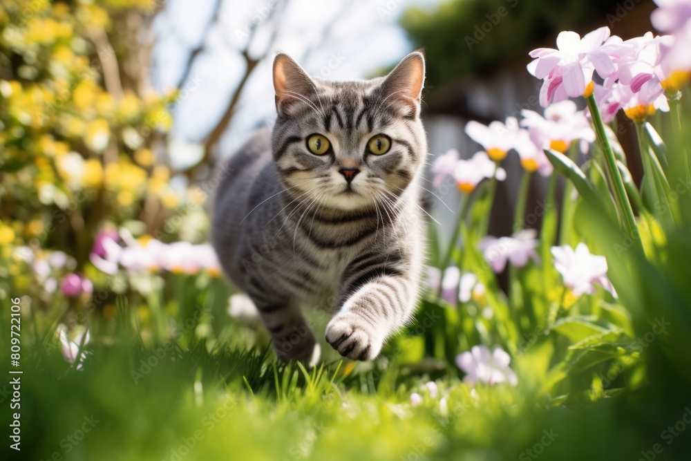 Environmental portrait photography of a funny american shorthair cat sprinting while standing against blooming spring garden Environmental portrait photography of a funny american shorthair cat sprinting while standing against blooming spring garden