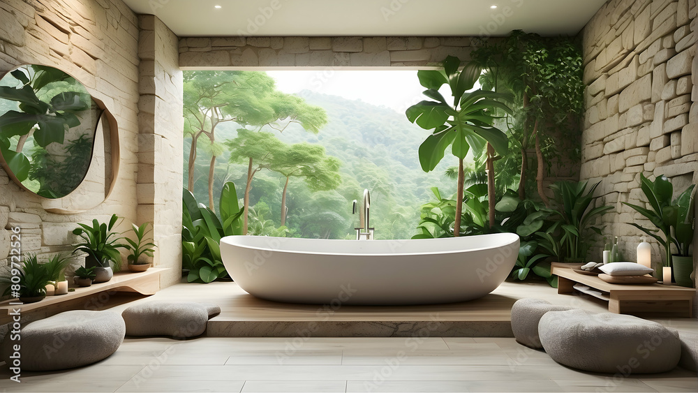Open and airy bathroom space seamlessly blending into a verdant tropical landscape, offering a spa-like experience Open and airy bathroom space seamlessly blending into a verdant tropical landscape, offering a spa-like experience