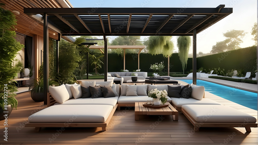 Fototapeta premium Elegant outdoor living area seamlessly blending modern furniture, lush greenery, and a tranquil pool for a luxurious relaxation space