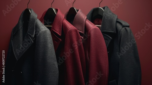 Stylish collection of coats presented against a regal maroon background, accentuating their premium quality and design