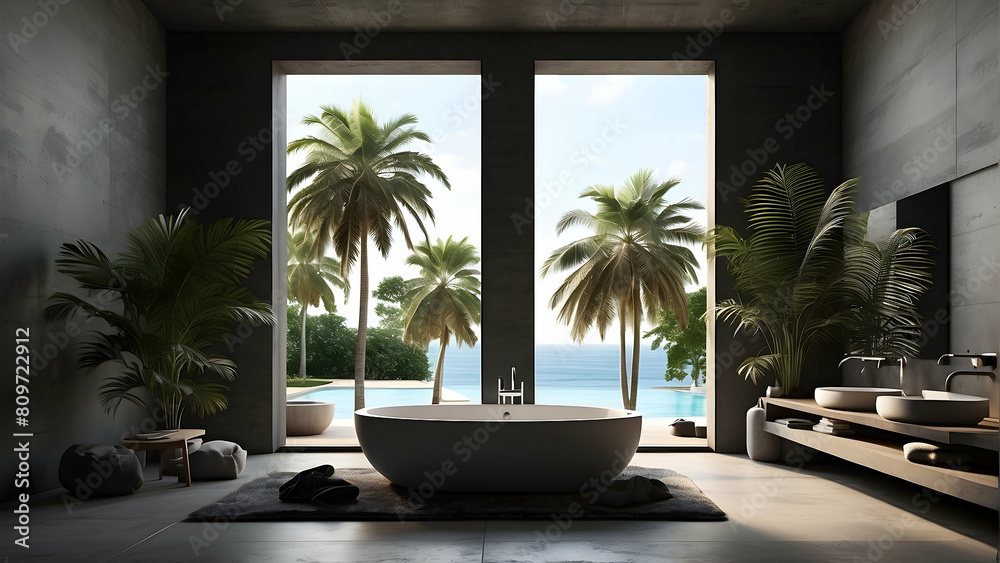 A serene bathroom with an ocean view boasting an elegant freestanding bathtub, surrounded by tropical plants and minimalistic decor