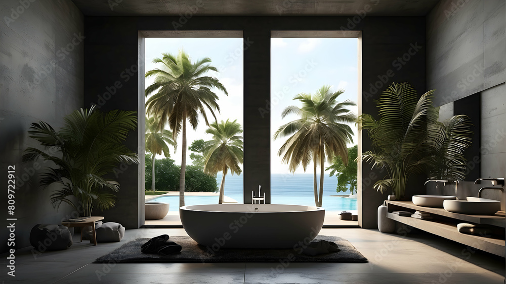 Fototapeta premium A serene bathroom with an ocean view boasting an elegant freestanding bathtub, surrounded by tropical plants and minimalistic decor