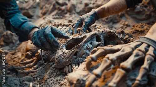 In this archeological dig site, two great paleontologists clean newly discovered dinosaurs. Archeologists uncover fossil remains of a new species. Close-up of hands.