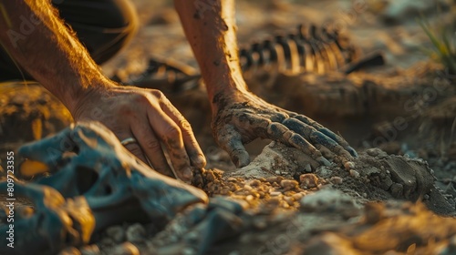 An archeological excavation site shows two paleontologists cleaning skeletons of a newly discovered species. The excavation site is bursting with fossil remains of a new species. A close-up of hands