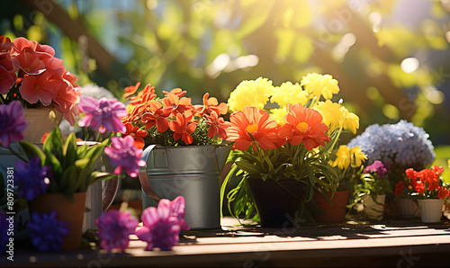 Gardening background - several pots with planted flowers on a sunny terrace.