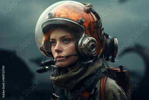 Young woman in a vintage-inspired astronaut helmet poses against a moody, dark sky backdrop