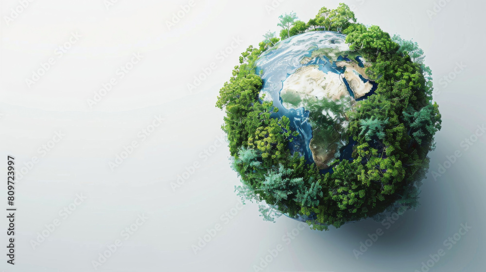 Fototapeta premium 3D realistic depiction of Earth with a focus on thriving ecosystems and the green environment, aimed at raising awareness of global warming, on a white background.