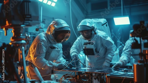 Working on satellite construction, engineer and technician in protective suits. Aerospace Agency: Scientists work on solar panel wings. International Space Exploration Mission.