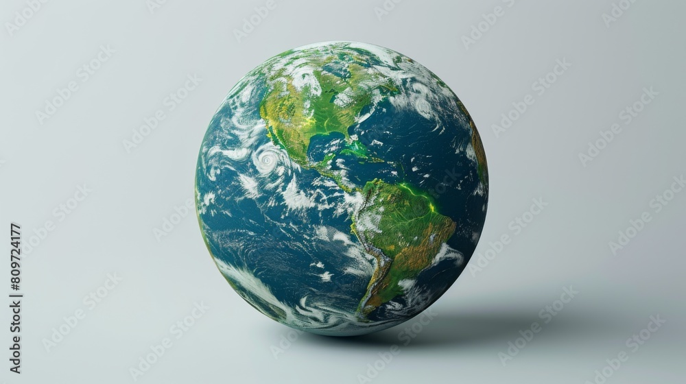 3D realistic image showing a vibrant Earth with emphasis on sustainable green environments, set against a minimalist white studio background.