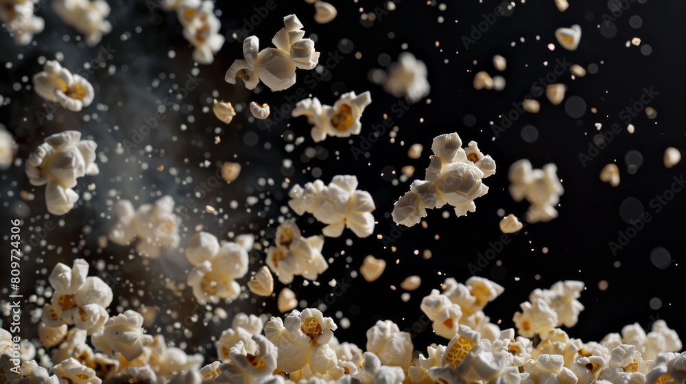 Dynamic silhouette of levitating pieces of popcorn popping
