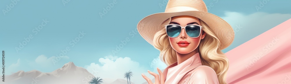 Vacation Vibes: Woman with Straw Hat and Sunglasses Relaxing by Palm Trees on a Sunny Day Vacation Vibes: Woman with Straw Hat and Sunglasses Relaxing by Palm Trees on a Sunny Day