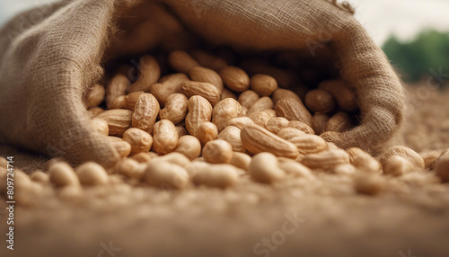 Peanuts in jute sack bag, background is peanut farm, roasted peanuts are poured and overturned
 photo