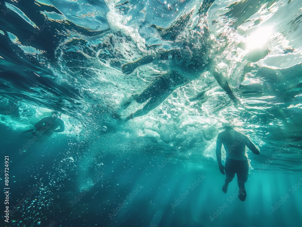 Surfer, diver underwater into ocean at summer 