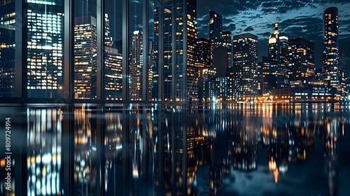 a night time picture of a building with a reflection of the city skyline, in the style of urban landscapes, dramatic lighting, high quality, 8k, rtx on , creased