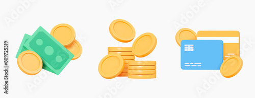 3D Set of money icons. Online payment concept. Green paper money, stack of golden coins and credit cards. Cash bills. Business and finance. Cartoon creative design elements. 3D Vector Illustration