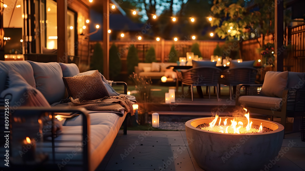 Cozy evening on a beautifully lit outdoor terrace featuring a fire pit and comfy furniture