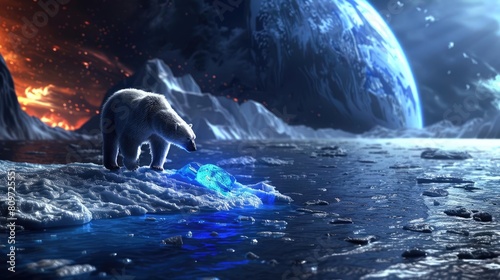 A polar bear standing on a frozen sea, looking at a glowing blue crystal. The sky is dark and there is a large planet in the background. © PBMasterDesign