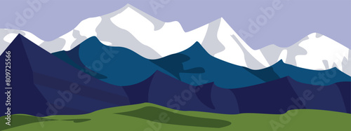 Panoramic view nature landscape, mountains. Vector illustration. Typography design