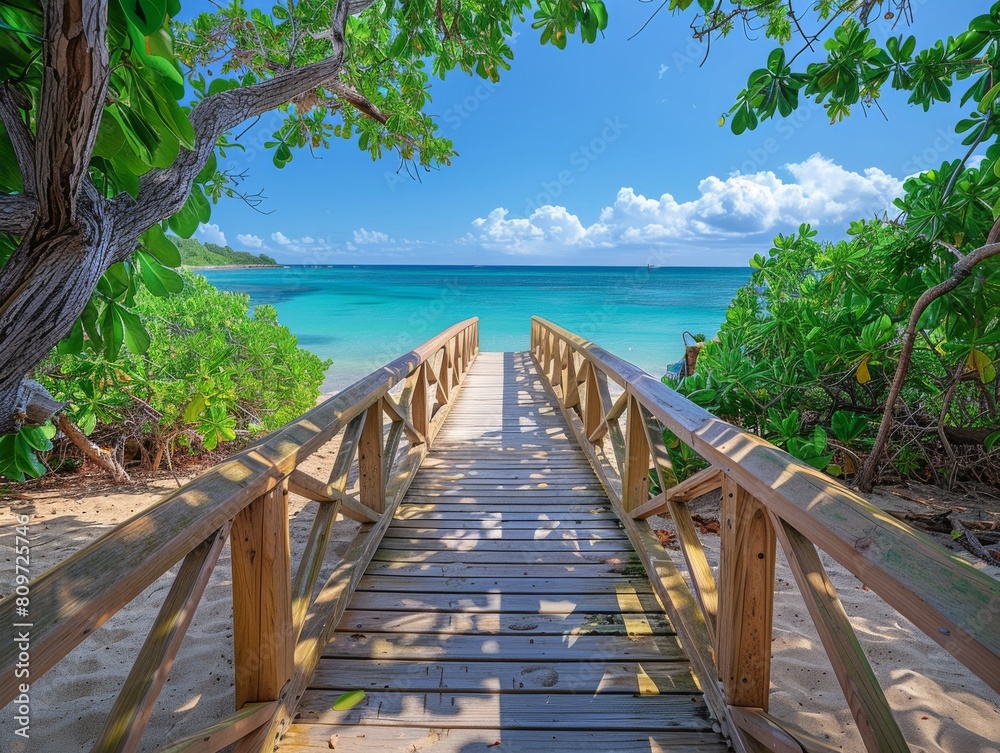 Fototapeta premium Wooden bridge on the beach, beautiful landscape and sky
