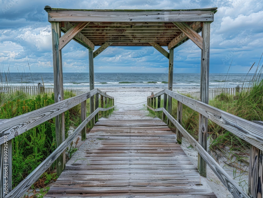 Obraz premium Wooden bridge on the beach, beautiful landscape and sky with roof