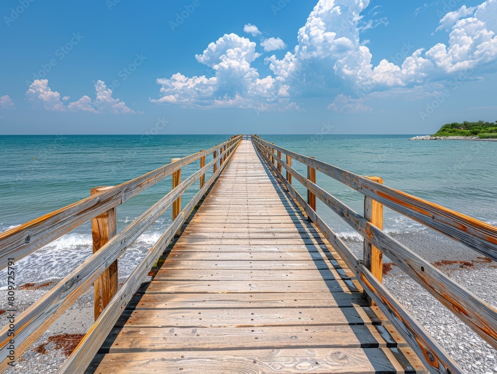 Fototapeta premium Wooden bridge on the beach, beautiful landscape and sky