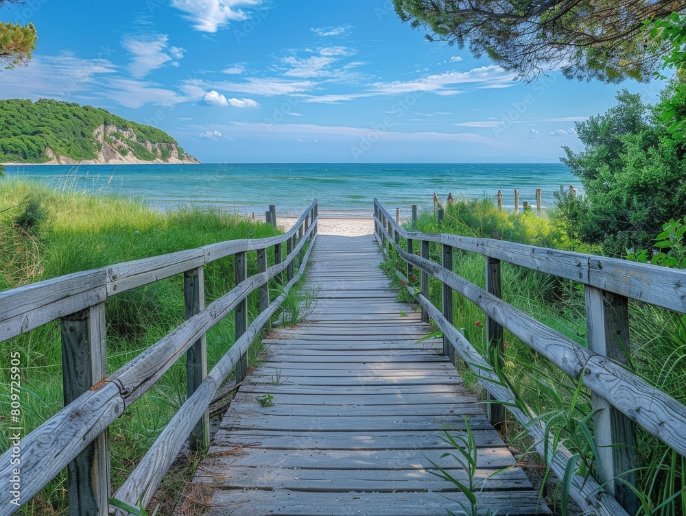 Obraz premium Wooden bridge on the beach, beautiful landscape and sky