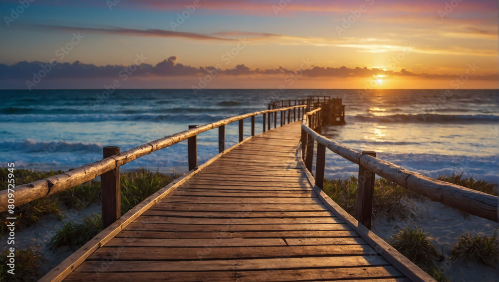 Sunset Serenity, Wooden Walkway Along Ocean Coast Leading to Beach