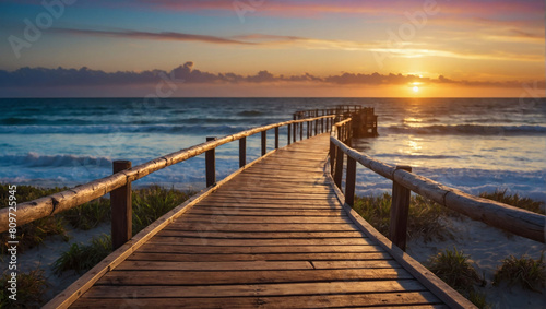 Sunset Serenity  Wooden Walkway Along Ocean Coast Leading to Beach