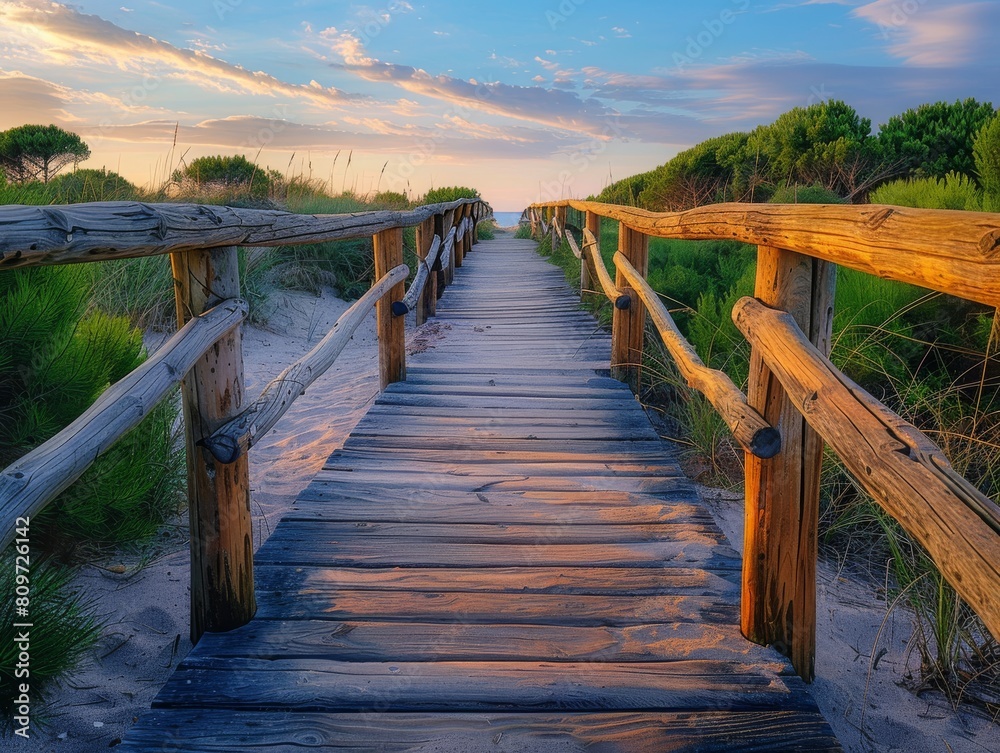 Fototapeta premium Wooden bridge on the beach, beautiful landscape and sky