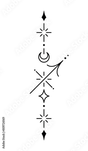 Sagittarius zodiac sign and symbol blackwork tattoo. Sacred geometry horoscope tattoo design, mystic symbol of constellation. New school dotwork, line art minimalist style tattoo. Boho design.