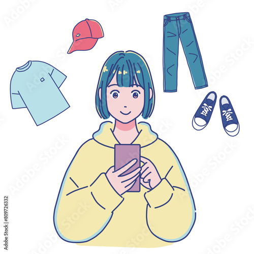 スマホで洋服を買う・売る女の子
