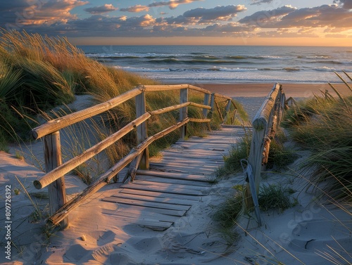 Wooden curved bridge on the beach, beautiful landscape and sky at sunset