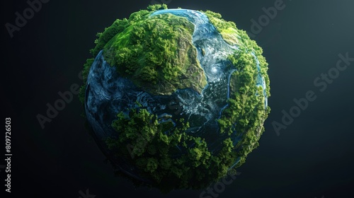 3D rendering of Earth emphasizing vibrant green forests on a deep black studio background, focusing on the 'Save the World' initiative.