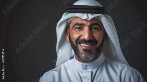 An Arab businessman gently smiling in a traditional outfit wearing black agal and white kandura, with a Ghutra in place. Saudi, Emirati, Arab Business Concept. photo