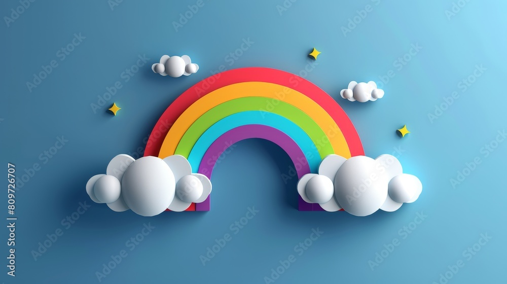 Illustrator icon flat 3d render rainbow with white clouds