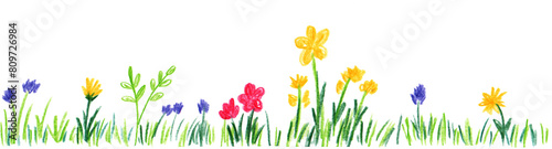 Set Child hand drawn drawing. Field, meadow, garden, different colorful flowers, grass.